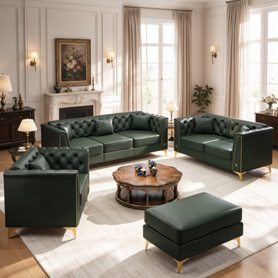 Luxury 4-Piece Faux Leather Living Room Set with Handmade Button Tufted and Ottoman