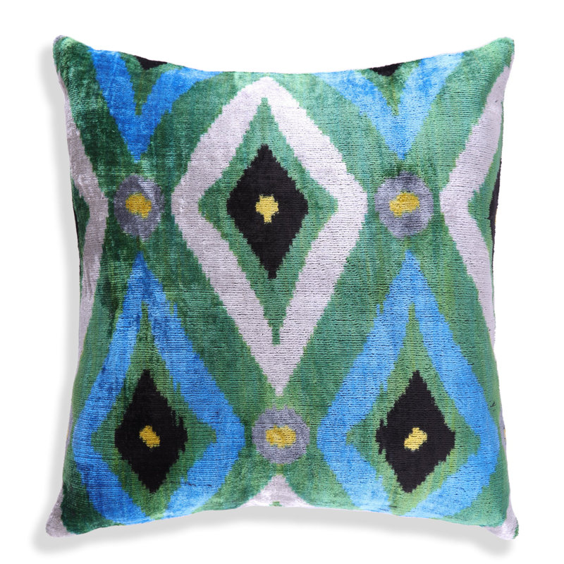 Coussin en velours géométrique émeraude et bleu - 16 x 16 po | Luxe fait à la main
