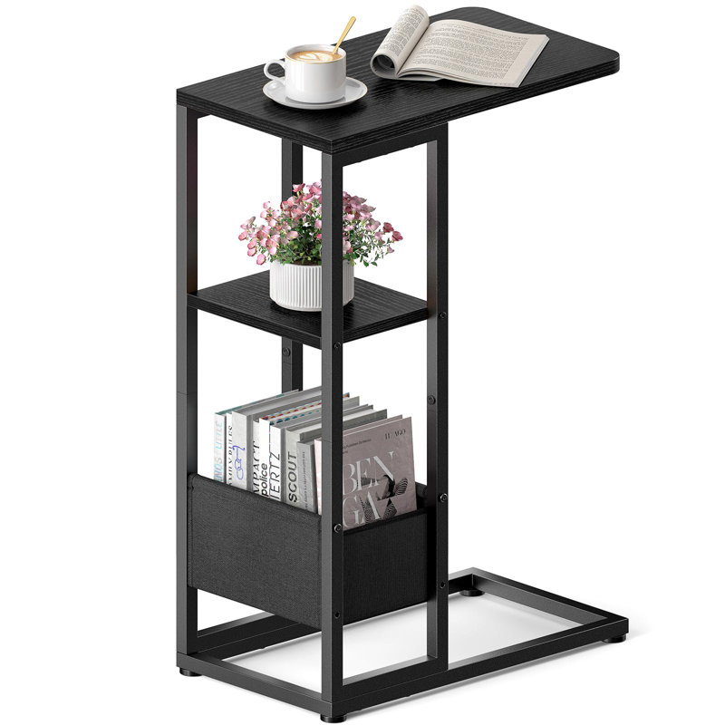 Table de bout en C avec sac de rangement pour le salon, la chambre à coucher et les petits espaces , Brun rustique, Noir