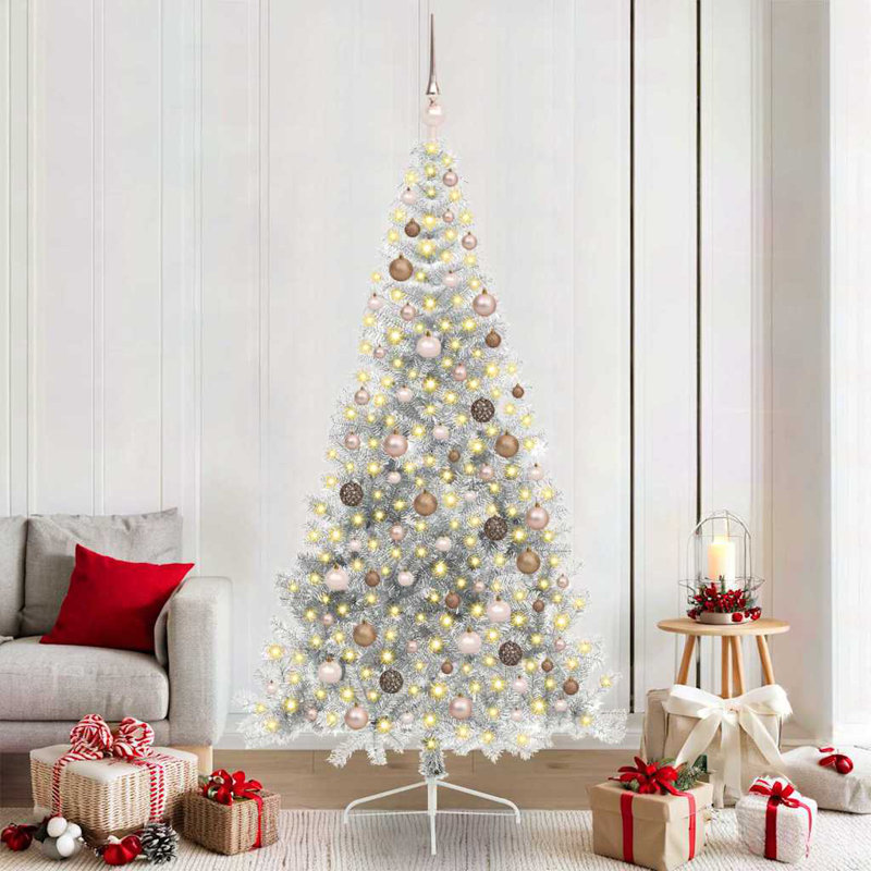  Artificial Pre-lit Christmas Tree Silver PET, Silver, 240 cm, with 120 Rose Gold Balls