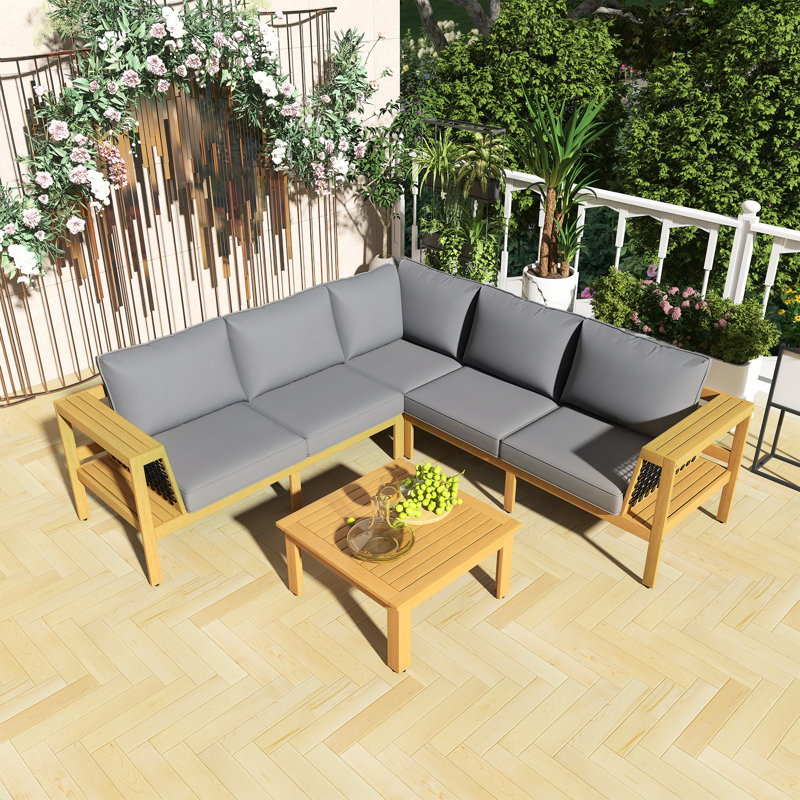 Ensemble de canapé d'extérieur en bois d'acacia en forme de L 4 pièces, accoudoirs en filet tissé, avec table basse, coussins gris, ensemble de conversation pour l'extérieur