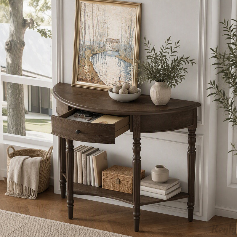 Console demi-lune avec tiroir et tablette, Noyer, Noyer, Noyer