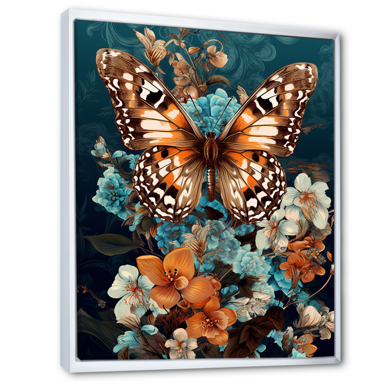 Gracieux papillon brun sur des orchidées rétro I, Cadre flottant blanc, H 32 po x l 24 po x P 1 po
