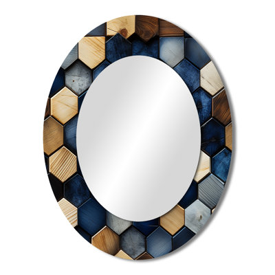 Beige And Blue Hexagones Symmetry - Blue Modern Oval Wall Mirror