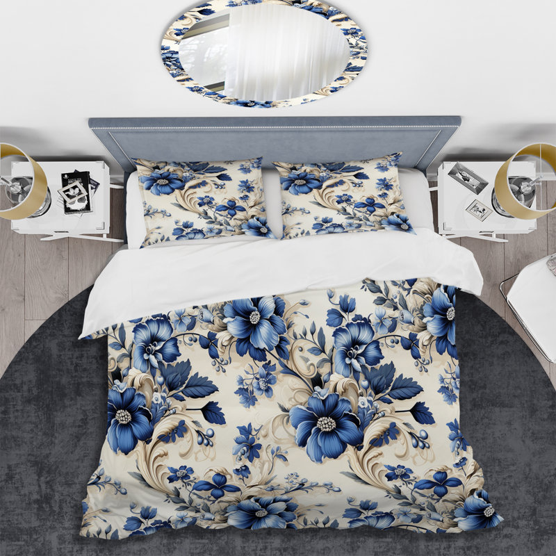 Ensemble de housse de couette bleu à motif de frises victoriennes III, Housse de couette pour très grand lit et 2 très