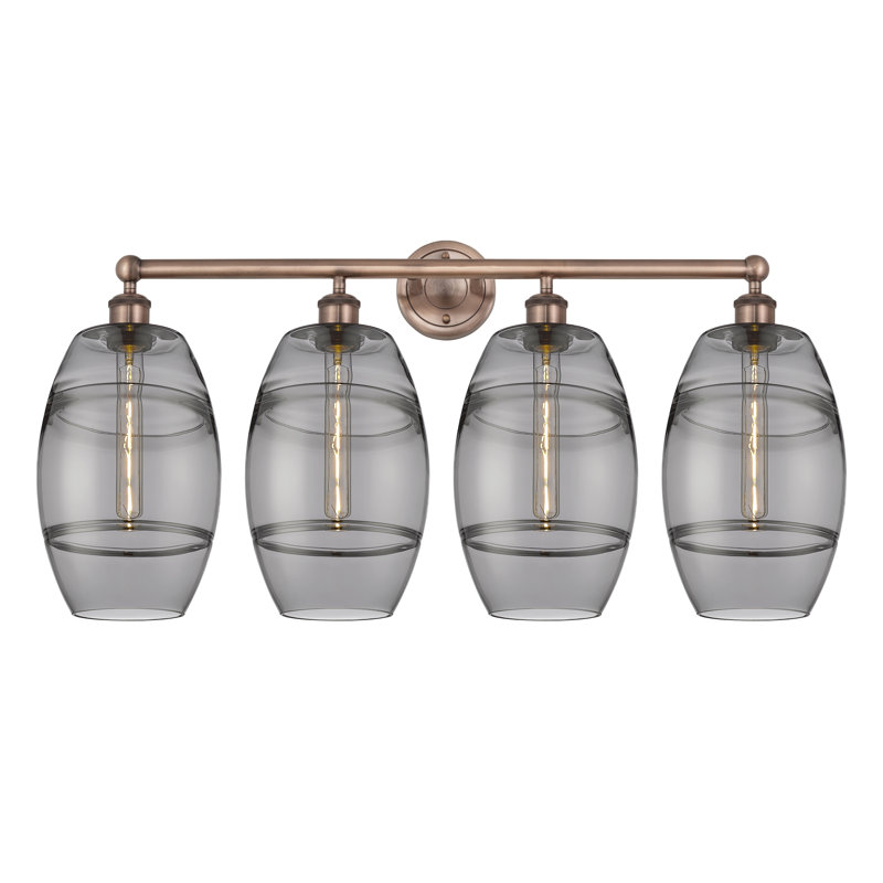 Éclairage pour meuble-lavabo à 4 lumières à intensité variable Dundrod, Cuivre antique, Gris fumée clair