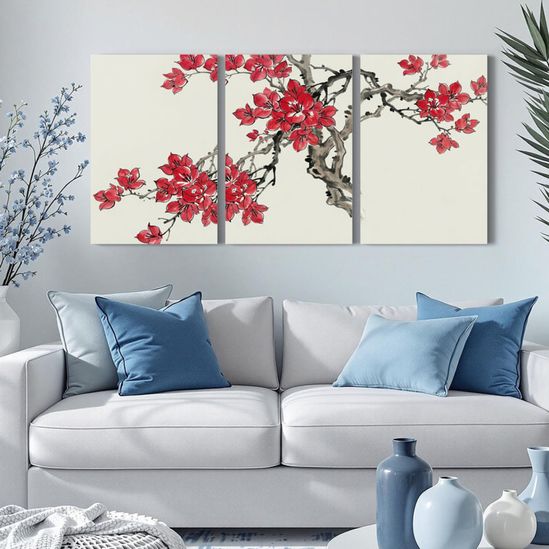 Ensemble de 3 tableaux muraux sur toile de style oriental, représentant des branches de cerisier rouge en fleurs.
