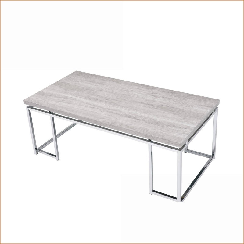Chêne naturel Table basse chromée pour salon, base de traîneau stable et amp; Surface facile à nettoyer