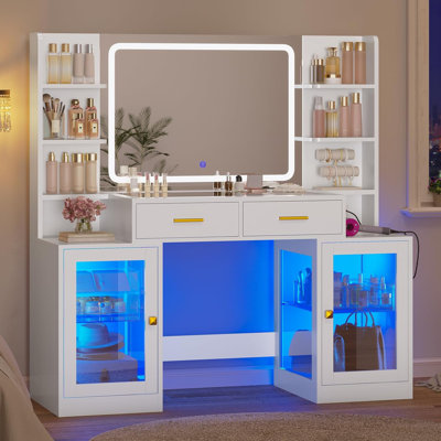 Makeup Vanity With Mirror & Lights, Rgb Cabinets, Vanity Desk With 2 Glass Top Drawers & Power Outlet, For Teen 
