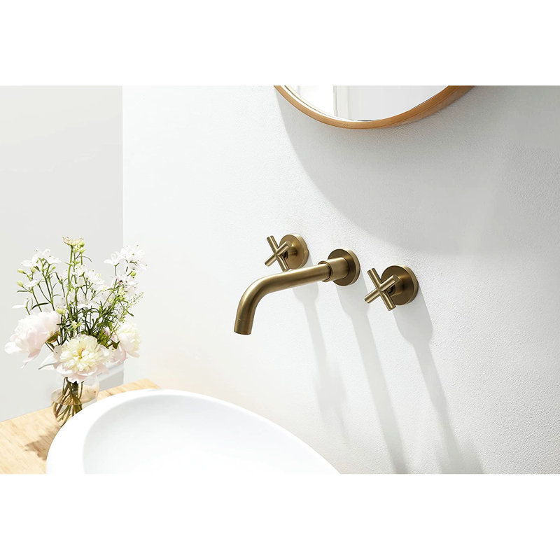 Bathroom Wall Mount Faucet Brushed Gold - Solid Brass, Versatile Design, 2 Handles Basin In Superior Functionality,