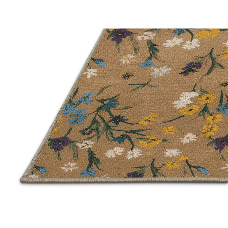Washable Meadow Flowers Farm Area Rug, Square 4'