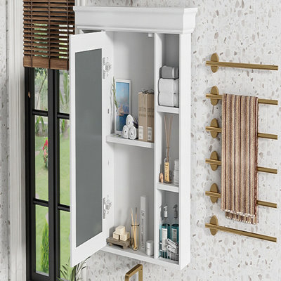 35" X 28" White Wall Mounted Bathroom Storage Cabinet With Mirror Door, Modern Bathroom Wall Cabinet With Mirror, Medicine Cabinet With 6 Open Shelves