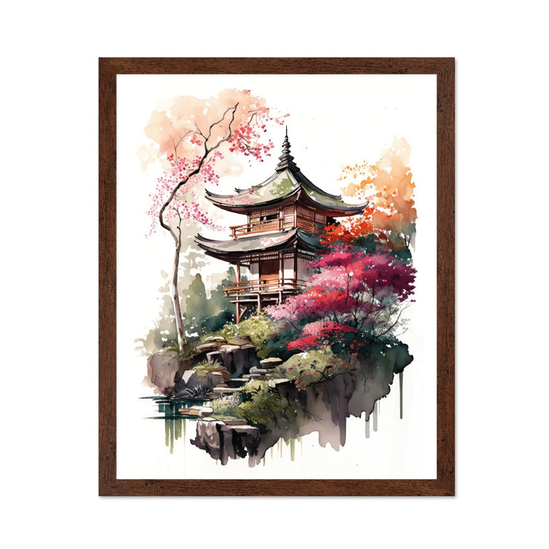 Temple japonais, Affiche, H 24 po x l 32 po, Encadrement brun