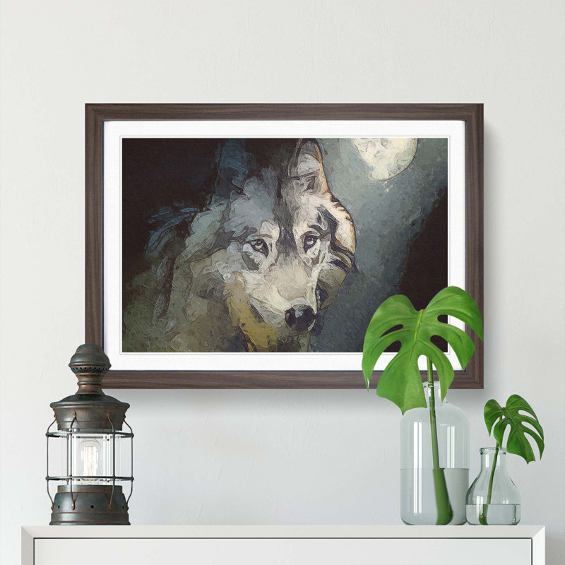 Wolf Under the Moon in Abstract - Picture Frame Painting Print, 48cm H x 65cm W x 2cm D, Walnut Framed
