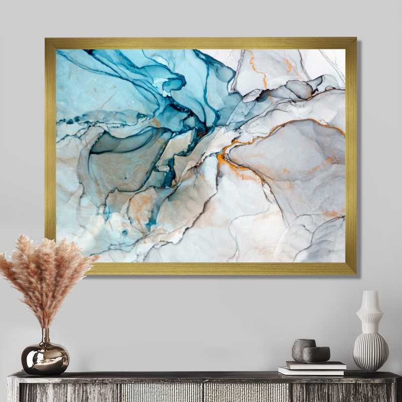 Luxry Blue and Grey Marble Art Ripples - impression sur toile, H 16 po x l 32 po, Impression encadrée, Doré