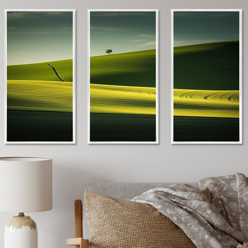 Photo de prairie monochrome verte - ensemble d'art mural sur toile prairie, H 40 po x l 60 po x P 1 po, Cadre flottant blanc