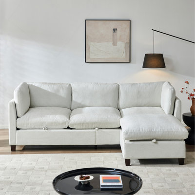 96.5" Sectional Couch for Living room,Upholstered Soft Chenille Fabric Sofa,3-Seater with One Ottoman L Shape Sofa Beige