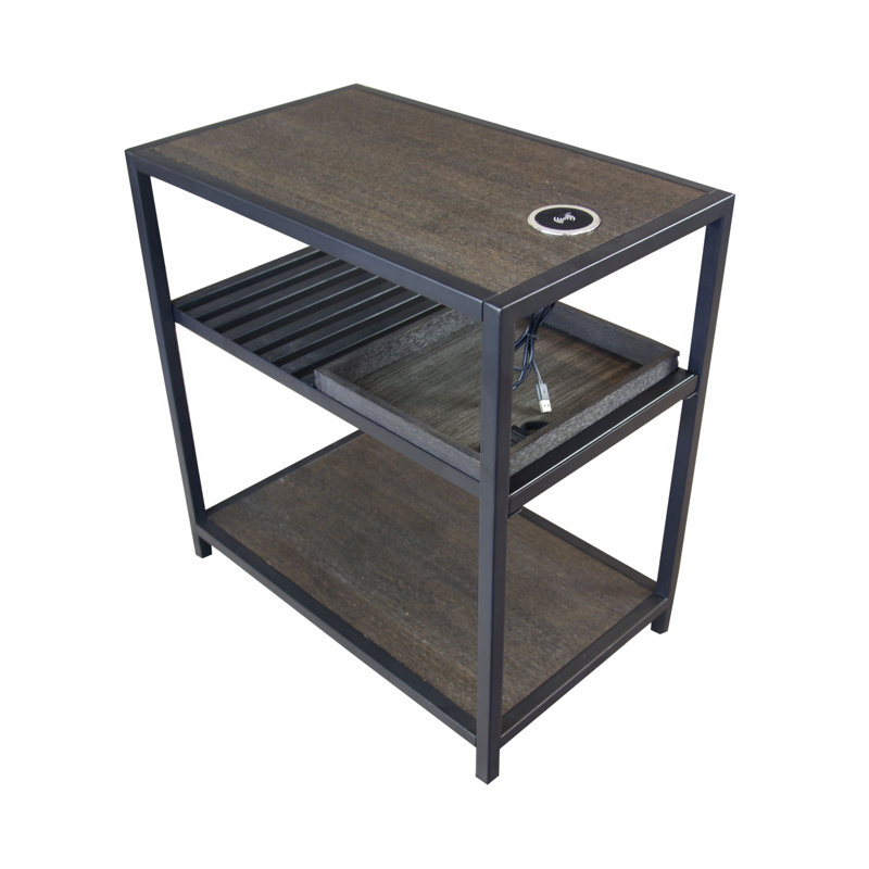 Milardo Solid Wood End Table with Wireless Charger and Storage, Brushed Brown