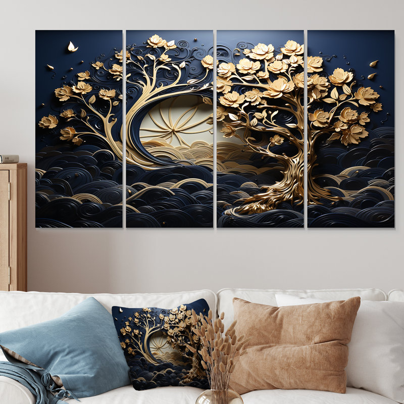 Or et bleu, ensemble de 4 pièces d'art mural Ambiance côtière II, H 32 po x l 64 po