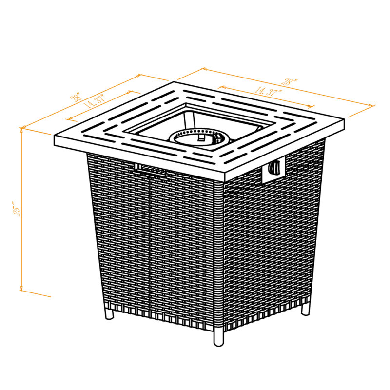25'' H x 28'' W Outdoor Square Wicker Propane Gas Fire Pit Table with Lava Rocks and Lid