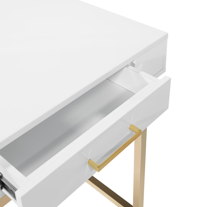 Bureau Vallee avec prises intégrées, Blanc/doré