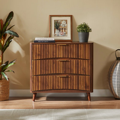 Fluted 3 Drawer Dresser, Mid-Century Modern Tall Chest of Drawers with Vertical Grooved Design, Solid Wood Storage Cabinet with Metal Handles for Bedroom Living Room, Walnut (31.5"W x 15"D x 30"H)