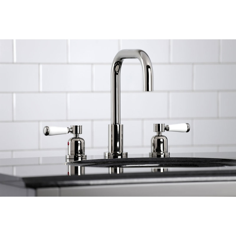 Kingston Brass Two-Handle 3-Hole Deck Mount Widespread Bathroom Faucet with Brass Pop-Up Drain, Round Lever Handle