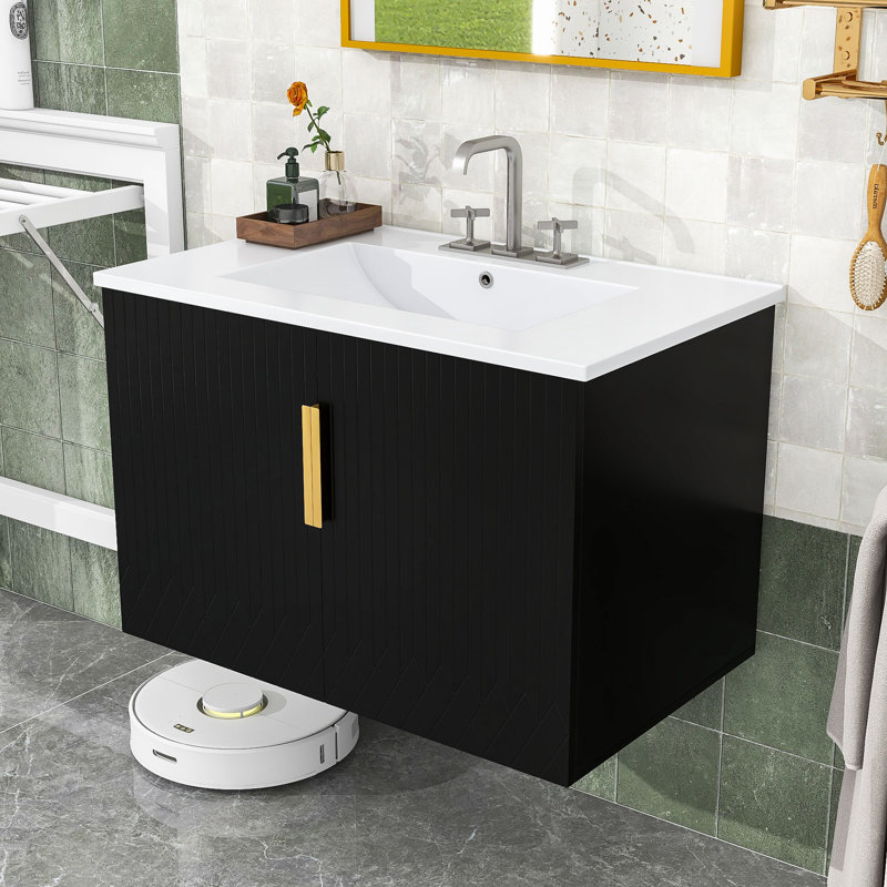 Meuble-lavabo minimaliste avec lavabo brillant - finition résistante aux égratignures et tablette réglable, Noir / blanc