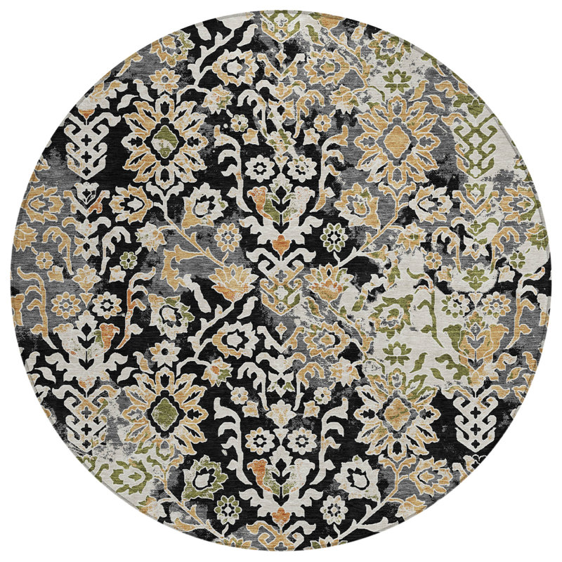 Machine Washable Indoor/Outdoor Chantille ACN2584 Traditional Rug, 8' Round, Black