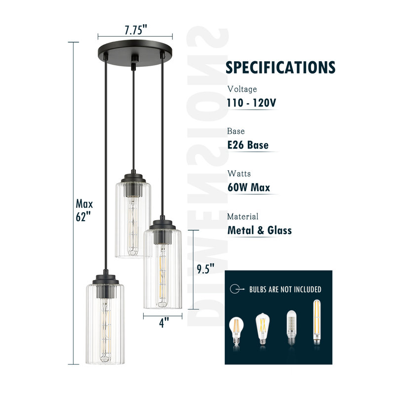 Luminaire suspendu à intensité variable 9 ", Noir mat, 3 lumières