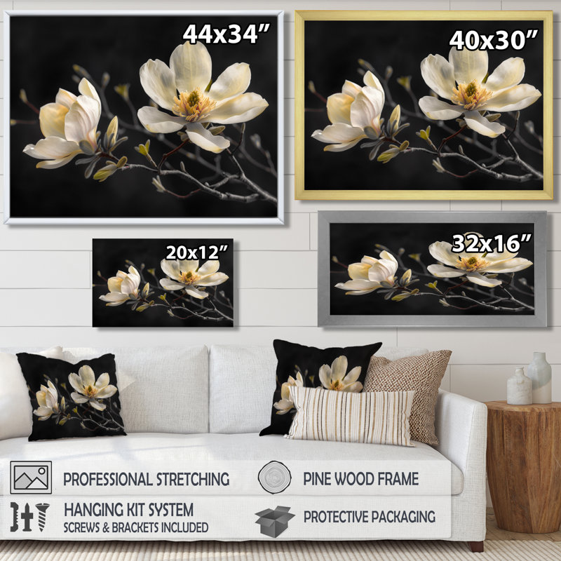 Décoration murale Rodriguez - Magnolias, H 30 po x l 40 po, Cadre simple noir