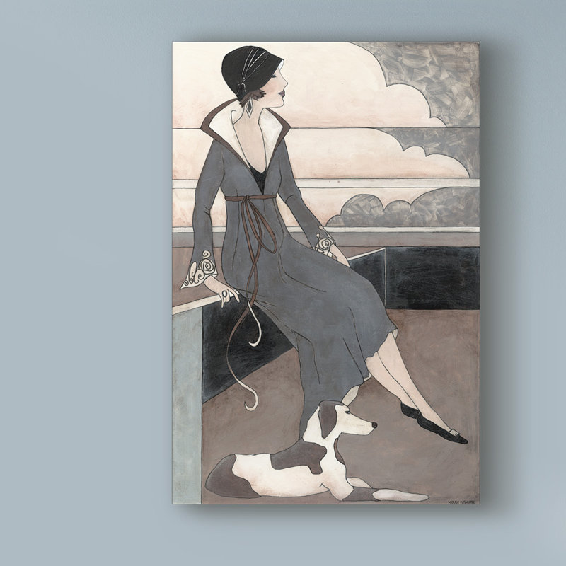 « art déco lady avec chien », reproduction d’impression sur toile tendue, H 32 po x l 22 po x P 2 po