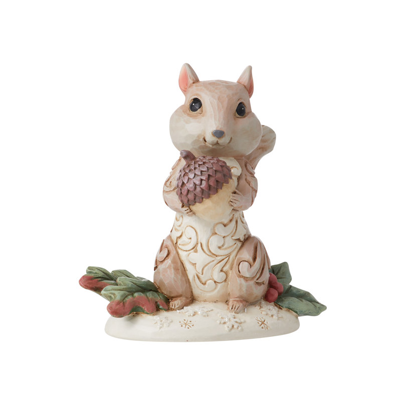 Winter Woodland Chipmunk Figurine Holding Acorn, Painted Resin