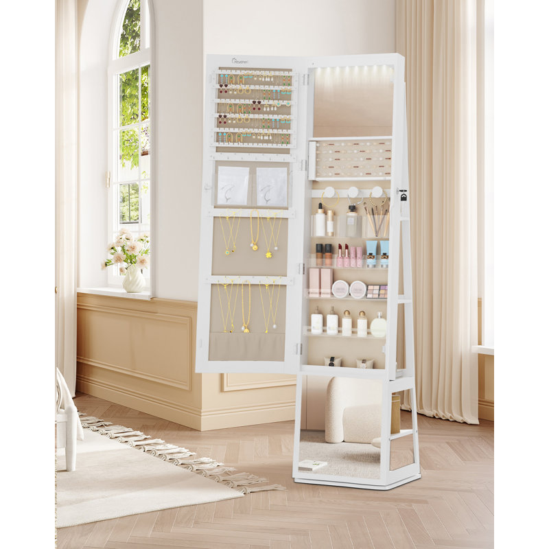 Mirror Jewellery Cabinet, Standing Jewellery Organiser with 360° Rotating Base, Full Length Lockable Mirror, Large 4-Tier Storage Compartments, Multifunctional, White and Beige