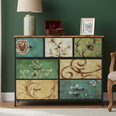 67.5&100cm W Fabric Chest of Drawers with Anti-Tipping Device, Drawer Storage Tower Units, Vintage Bohemian Patterned Dresser Organizer, Multi-Colour, 5/6/7/8/9 Drawer Available