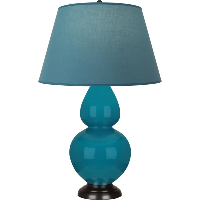 Lampe de table double gourde en céramique, Bleu vif / gris, Paon glacé / bronze, Bronze