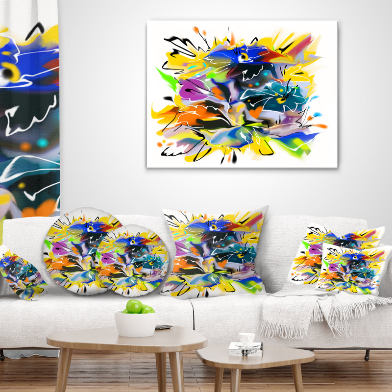 Motif floral abstrait jaune et bleu - coussin à imprimé floral, 18 po x 18 po, Coussin décoratif