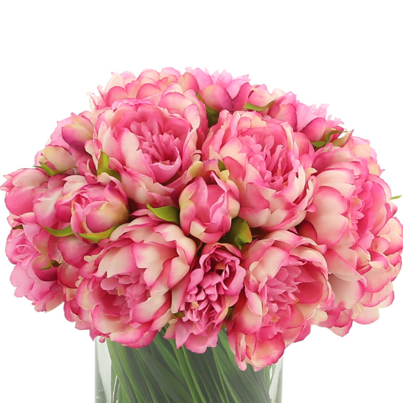 Peony Arrangement in Glass Vase with Grass, Pink Fuchsia