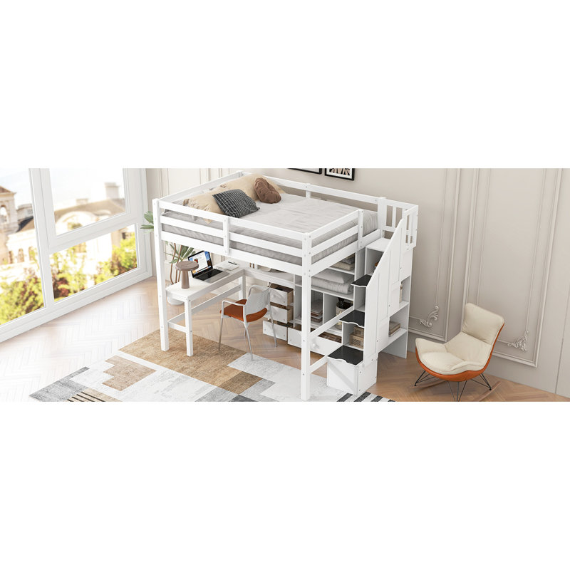 Lit mezzanine double blanc avec bureau en forme de L, tiroirs fonctionnels, armoire et escalier de rangement pour économiser de l'espace