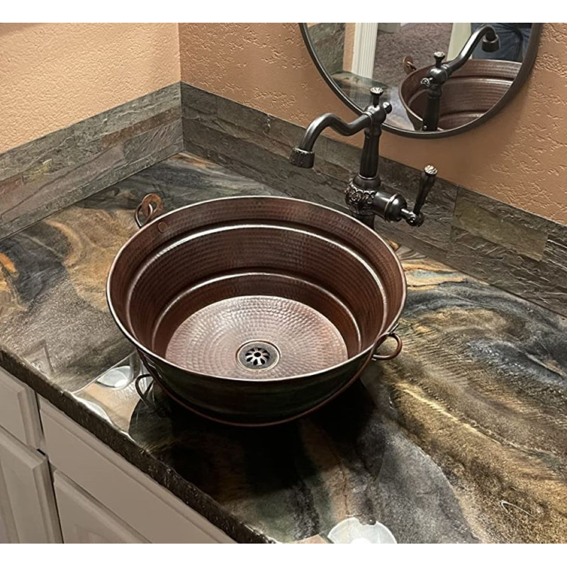 15'' Rustic Round Copper Bucket Vessel Bathroom Sink with Daisy Drain