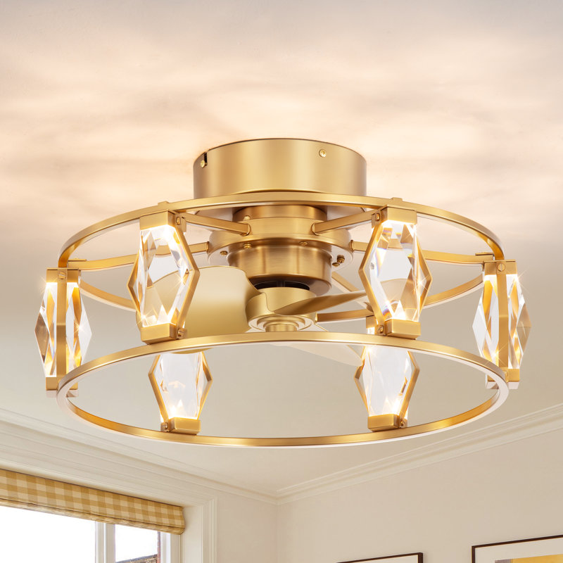 20'' Crystal Small Enclosed Caged Ceiling Fan With Light And Remote, Low Profile Bladeless Ceiling Fan Light Fixture 6 Speed, 3 Reversible Abs Blades And Quiet Motor, Flush Mount For Indoor/covered Outdoor