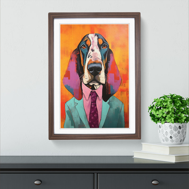 Basset Hound Modern - Framed Print, 34cm H x 25cm W x 2cm D, Walnut