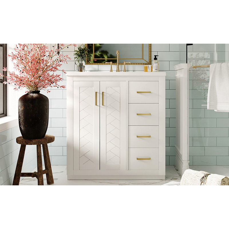 Meuble-lavabo de 30 po avec lavabo en céramique, structure en bois massif, charnières à fermeture douce, planches, 3 tiroirs, rangement spacieux, glissière de tiroir lisse, motif de rainure unique, portes à cadre rétro, exquis