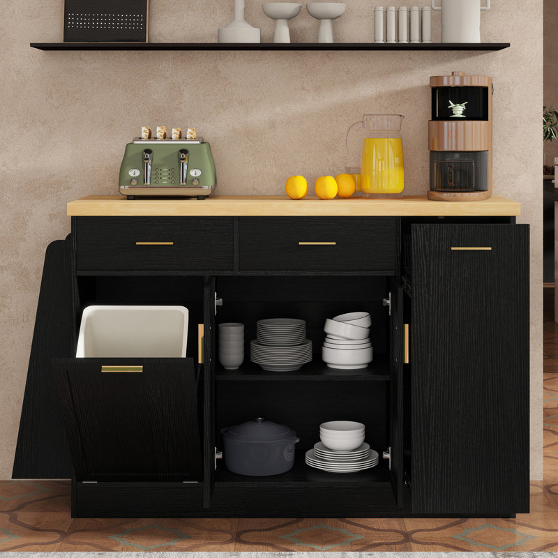 Kitchen Island With Wood Top & Trash Can Storage Cabinet, Black