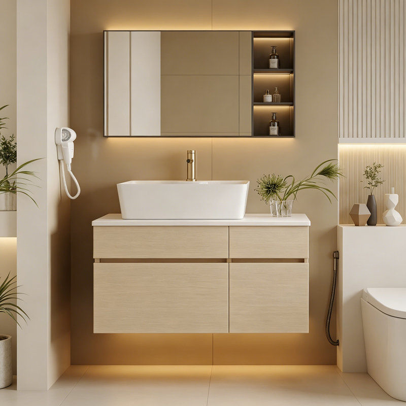 Meuble-lavabo flottant avec lavabo, 2 armoires et 1 tiroir, Natural