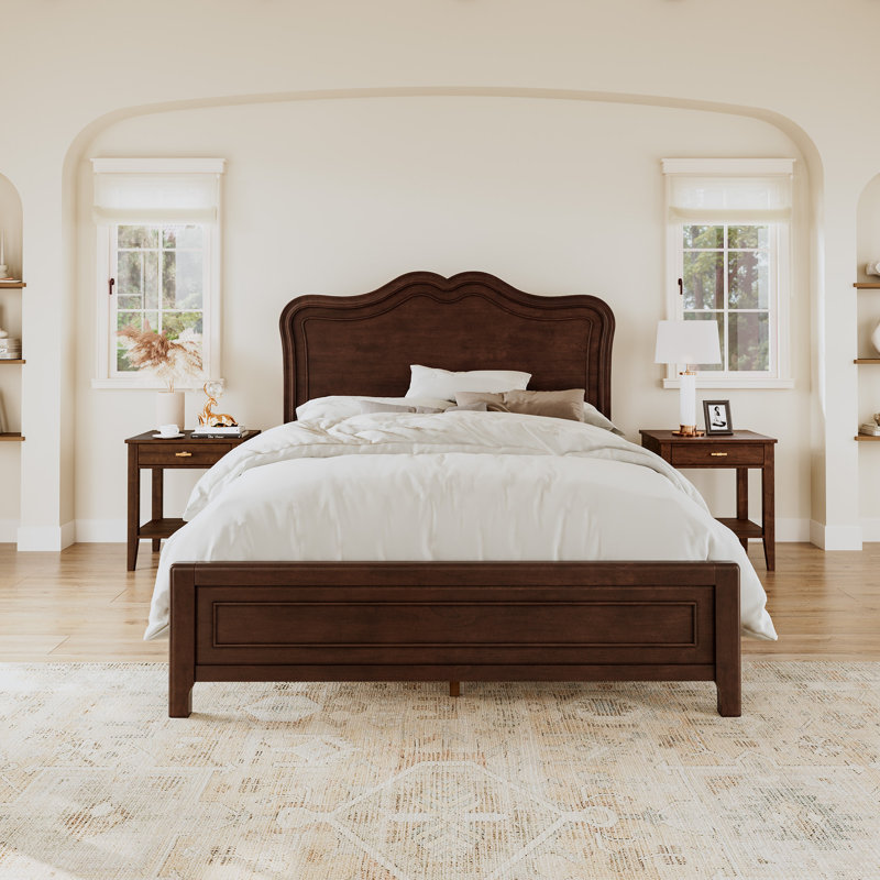 Annalia Mid-Century Modern Solid Wood Bed With Headboard, Queen, Dark Walnut