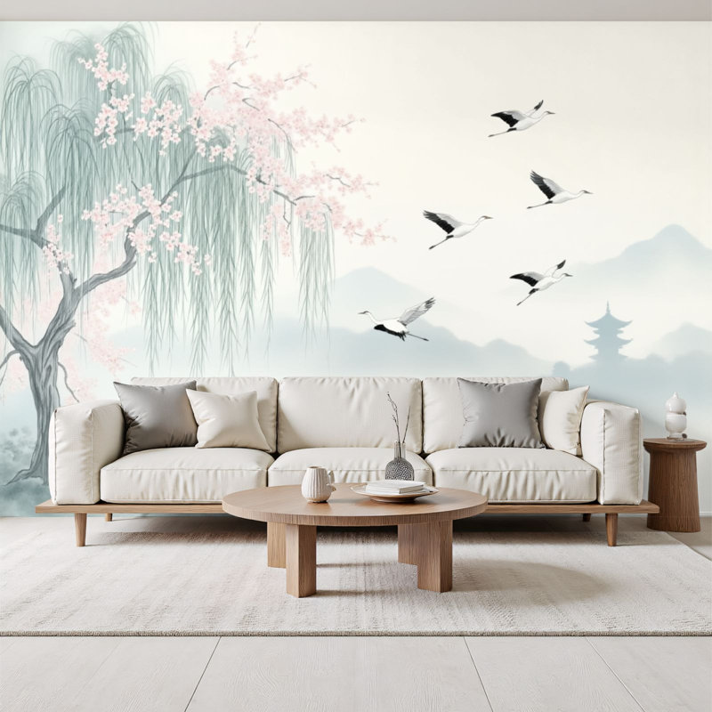 Papier peint adhésif mural Boho Graceful Cranes Misty Landscape, L 96 po x l 69 po