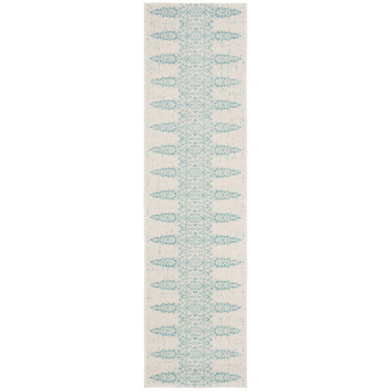 Annette Damask Ivory/Teal Area Rug, Runner 2' x 8'