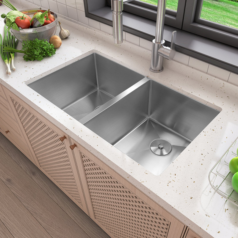 Glacier Bay 32 in. Undermount Double Bowl 18-Gauge Stainless Steel Kitchen Sink with Strainer VU3218A09 - The Home Depot