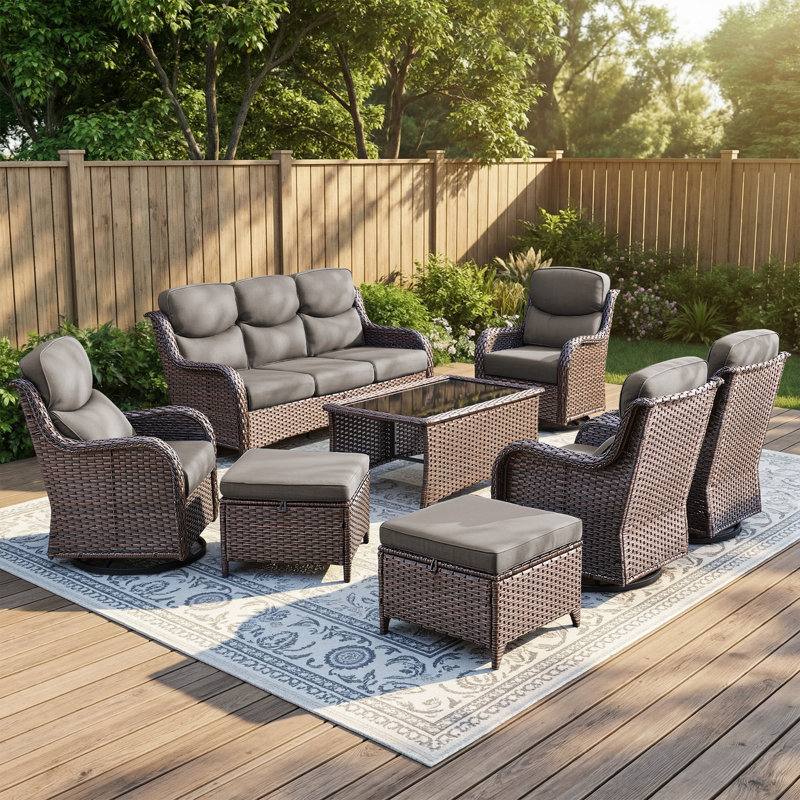 8-Piece Outdoor Wicker Patio Conversation Set With Swivel Chairs And Coffee Table, Brown, Gray